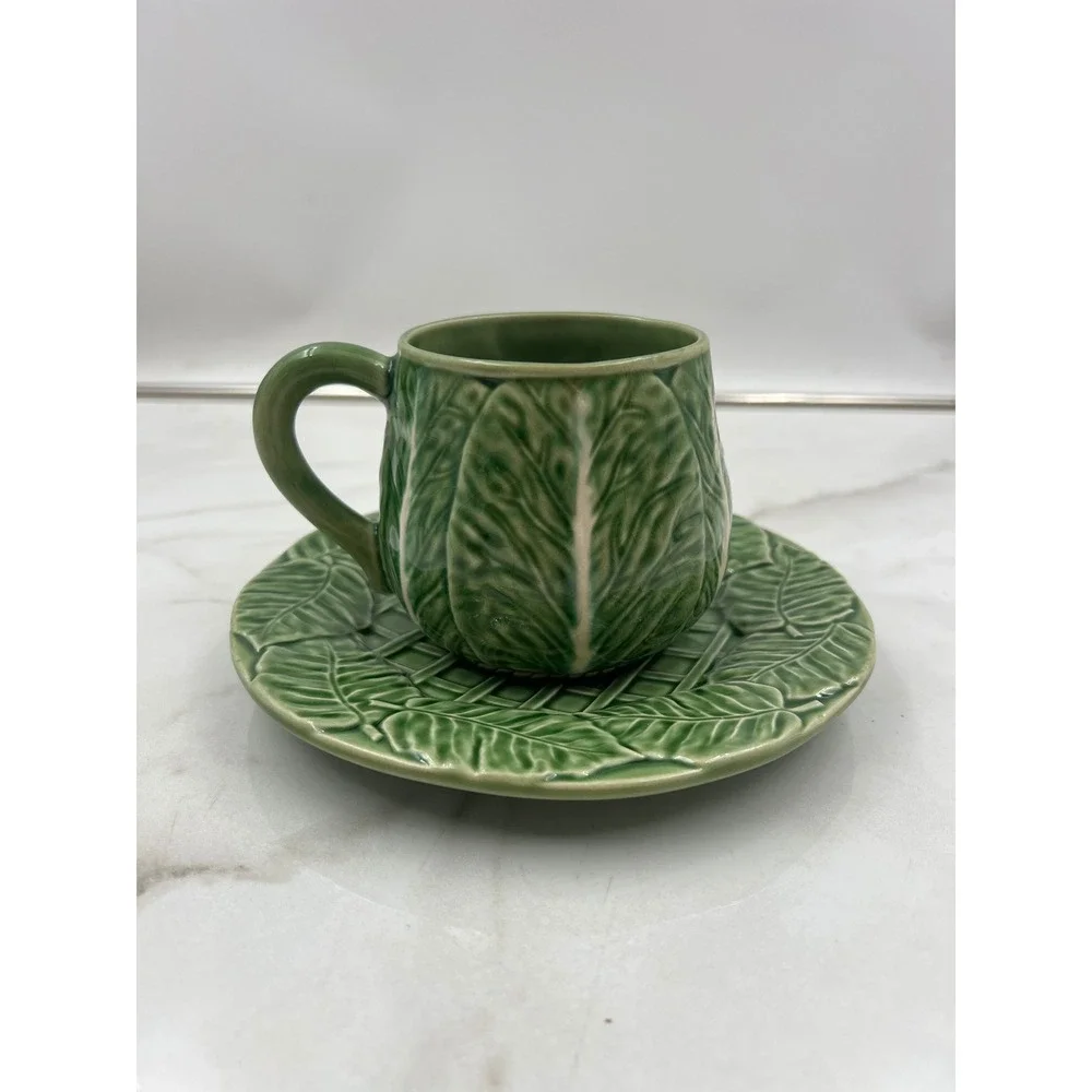 Bordallo Pinheiro Cabbage Green Tea Cup and Saucer Set Made in Portugal Ceramic